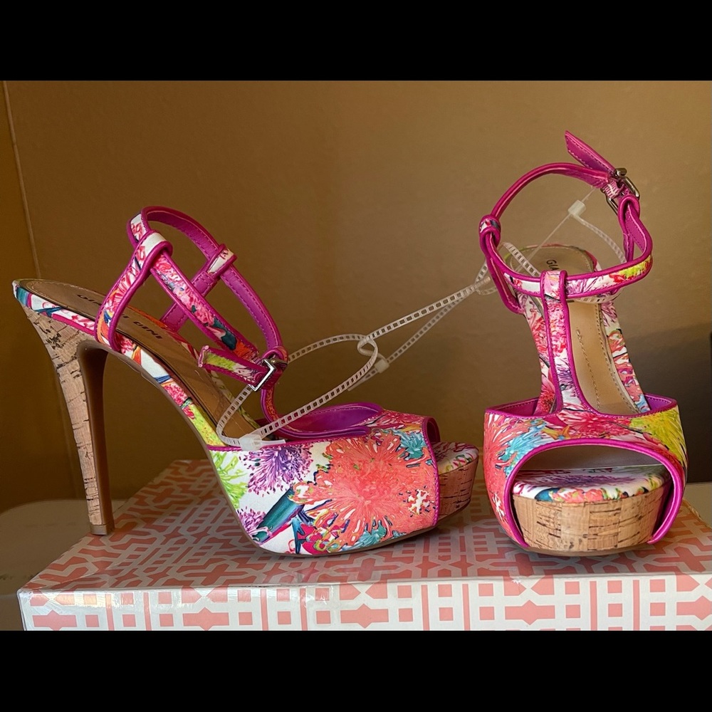 GIANNI BINI Platform Heels- Floral/Cork-Non Slip